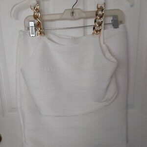 Size (L) 2 Piece White Top & Skirt w/Gold Metal Shoulder Straps & Fully Lined
